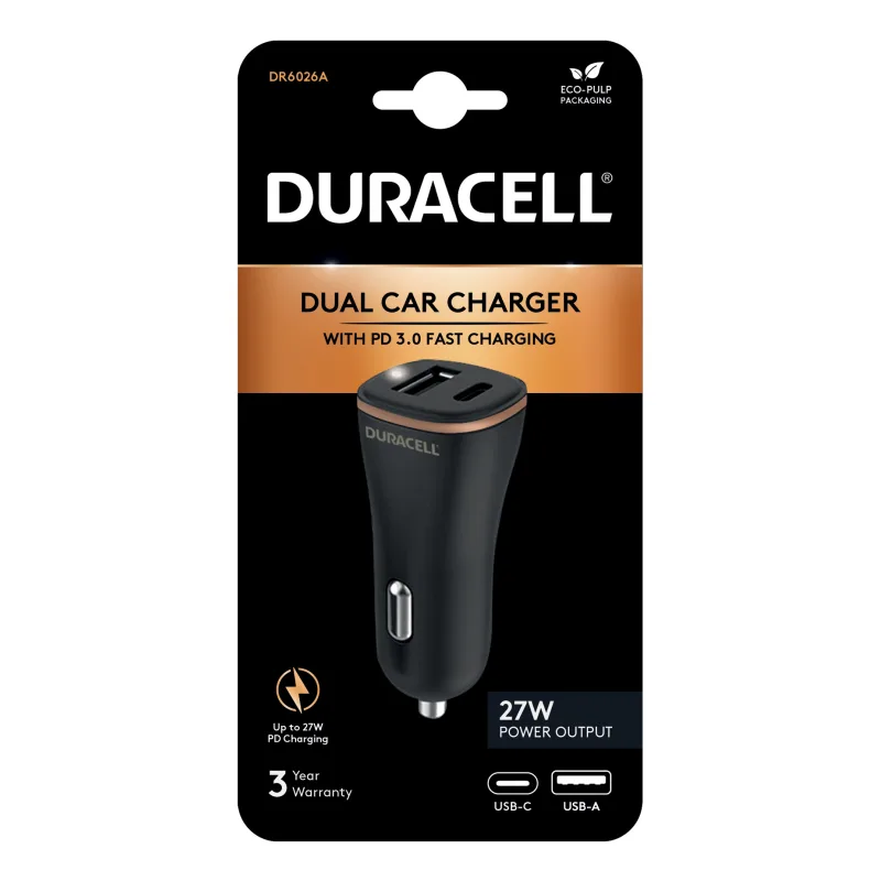 DURACELL POWER TRAVEL CHARGER 12V USB-A + USB-C 18W PD DR6026A 2